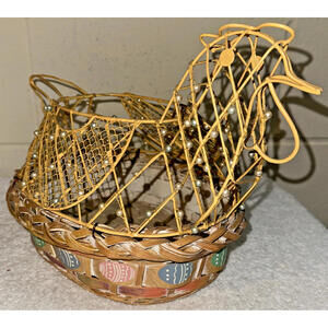 Chicken Hen Wire Painted Easter Egg Basket w/ Beads Country Farmhouse Decor Vtg